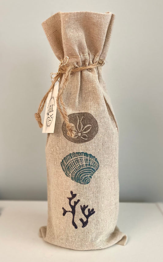 Hand-Printed Seashell or Turtle Wine Bottle Gift Bag