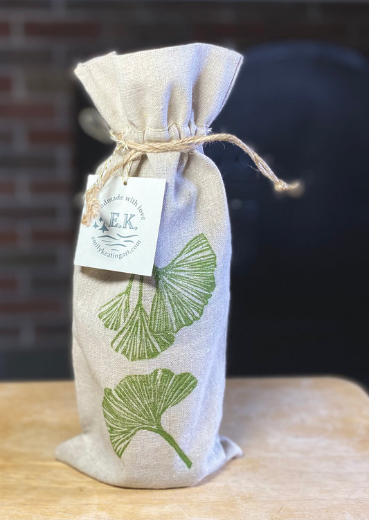 Hand-Printed Ginkgo Wine Bottle Gift Bag