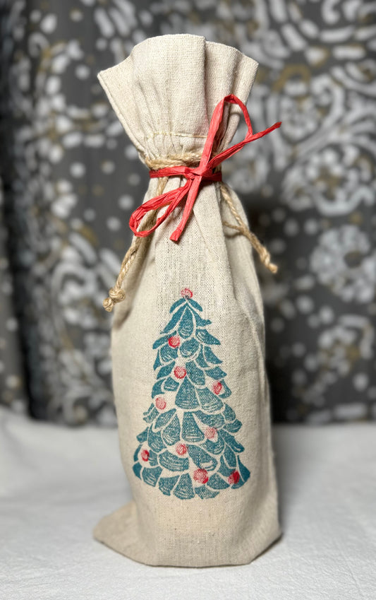 Shell Tree Hand-Printed Coastal Wine Bottle Gift Bag