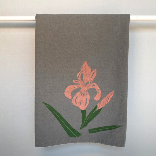 Peach Iris on Grey Tea Towel