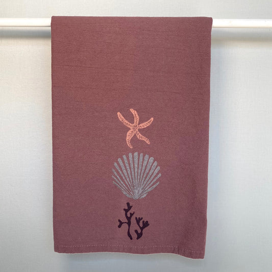 Coastal Tea Towel with peach starfish on Rose