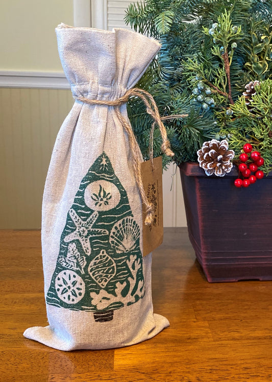 Tree Hand-Printed Coastal Wine Bottle Gift Bag