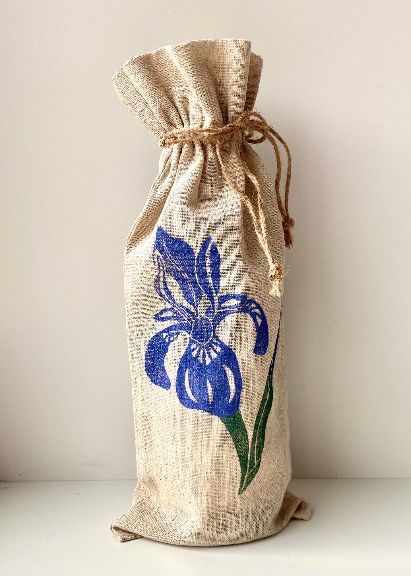Purple or Blue Hand-Printed Iris Wine Bottle Gift Bag
